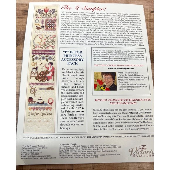"P" Is For Princess Cross Stitch Kit By The Victoria Sampler Alphabet Series - Picture 4 of 5